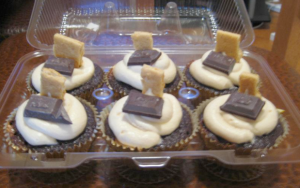 S'mores Cupcakes - Chocolate Cake with Marshmallow Filling topped with Vanilla Buttercream Garnished with Dark Chocolate Square and Graham Cracker Square